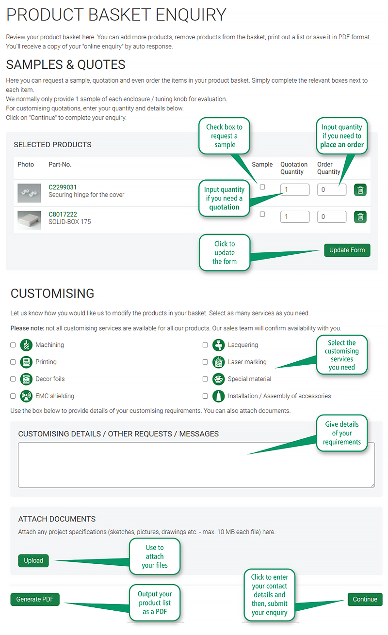 Example product list enquiry form