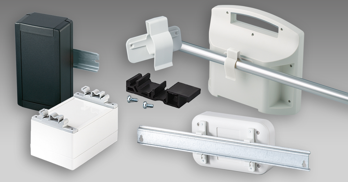 DIN rail holders and rail/tube holders for enclosures